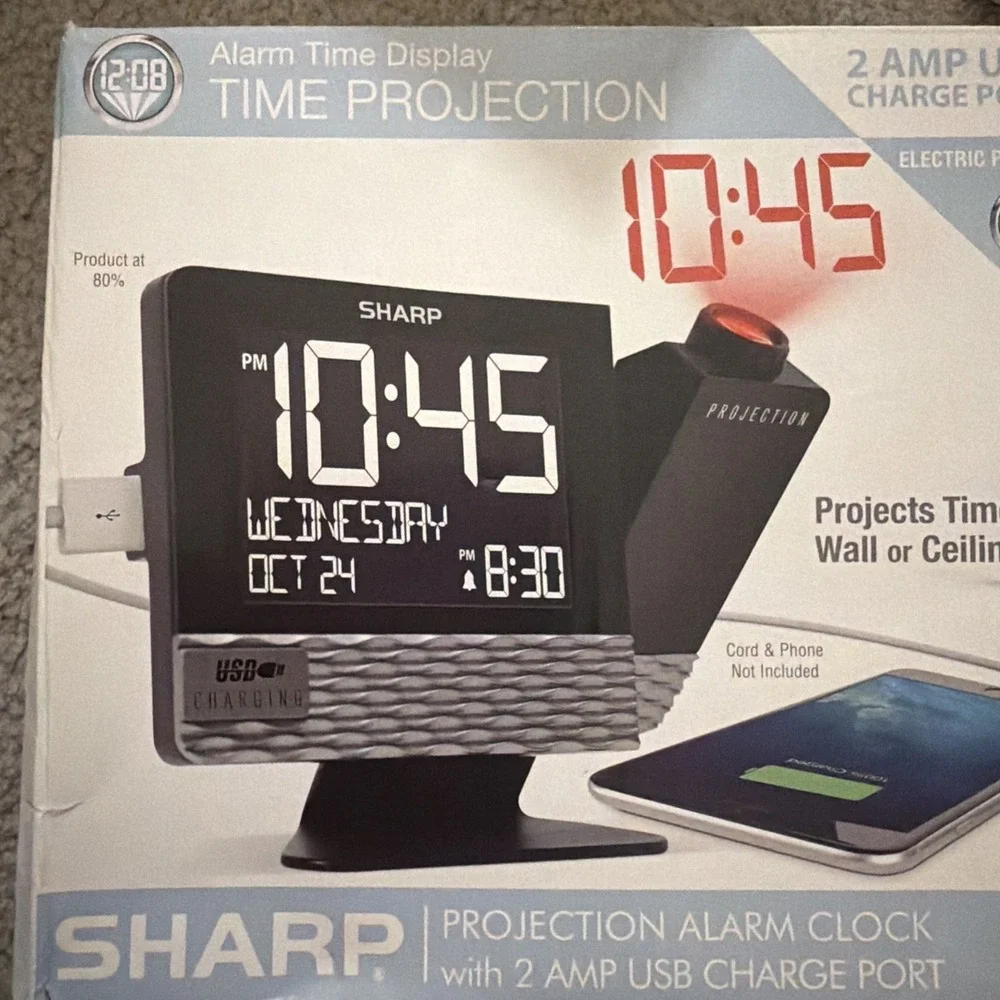 SHARP ALARM CLOCK Time Display Wall Projection w 2Amp USB Charger Port